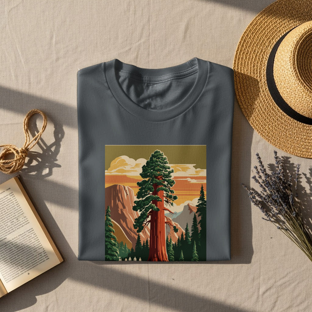 Gray t-shirt featuring a vintage-style illustration of a giant sequoia tree in a mountain landscape.