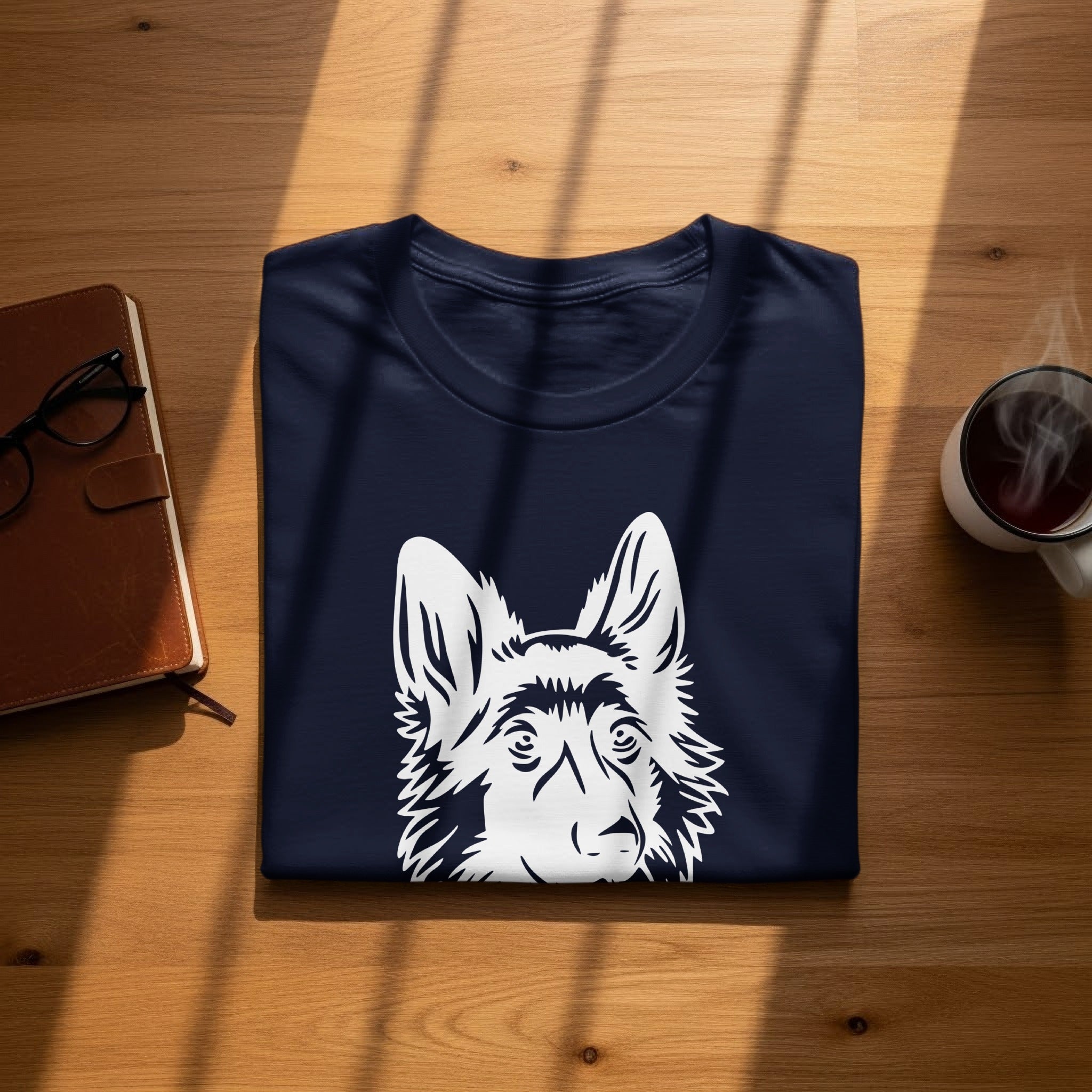 Dark navy t-shirt with a white line-art dog face graphic.