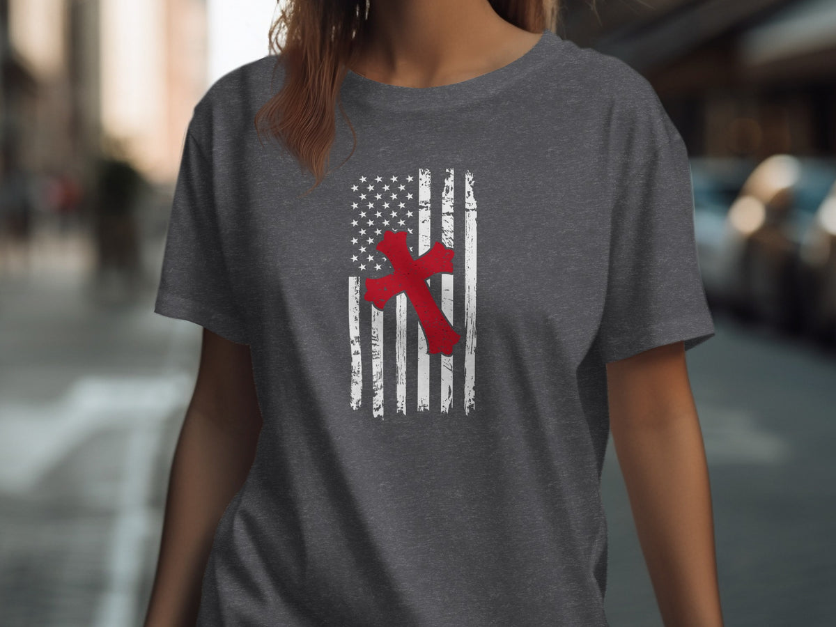 Dark gray t-shirt with distressed American flag and red cross graphic.