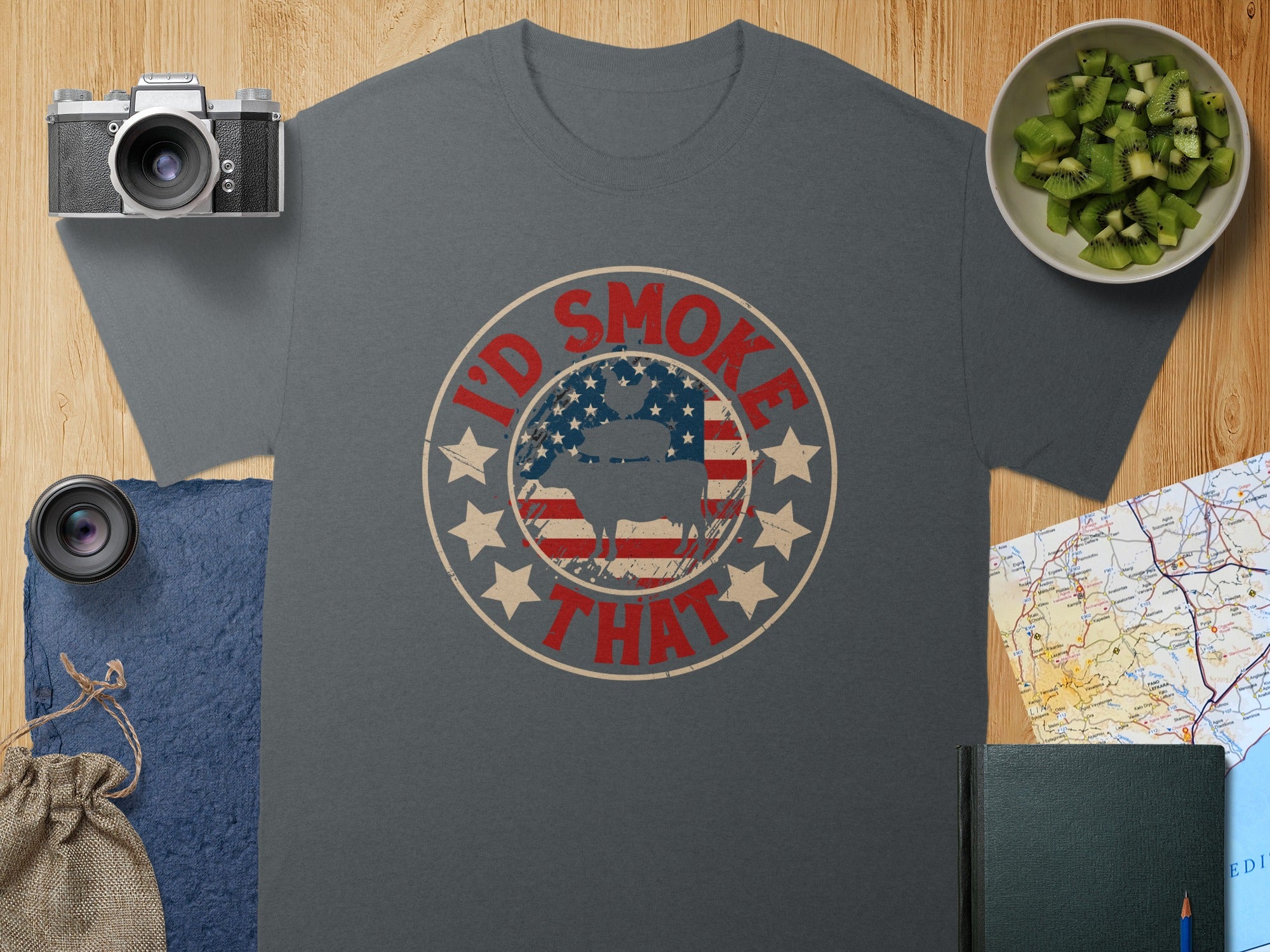 Gray t-shirt with "I'd Smoke That" text and pig graphic on American flag.