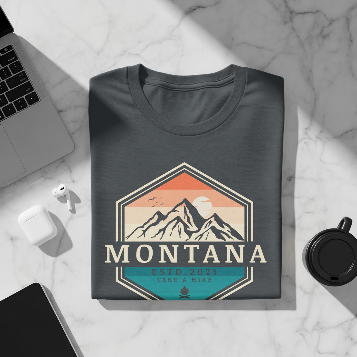 Montana t-shirt with mountains, sunset, and text ESTD. 2021 TAKE A HIKE.