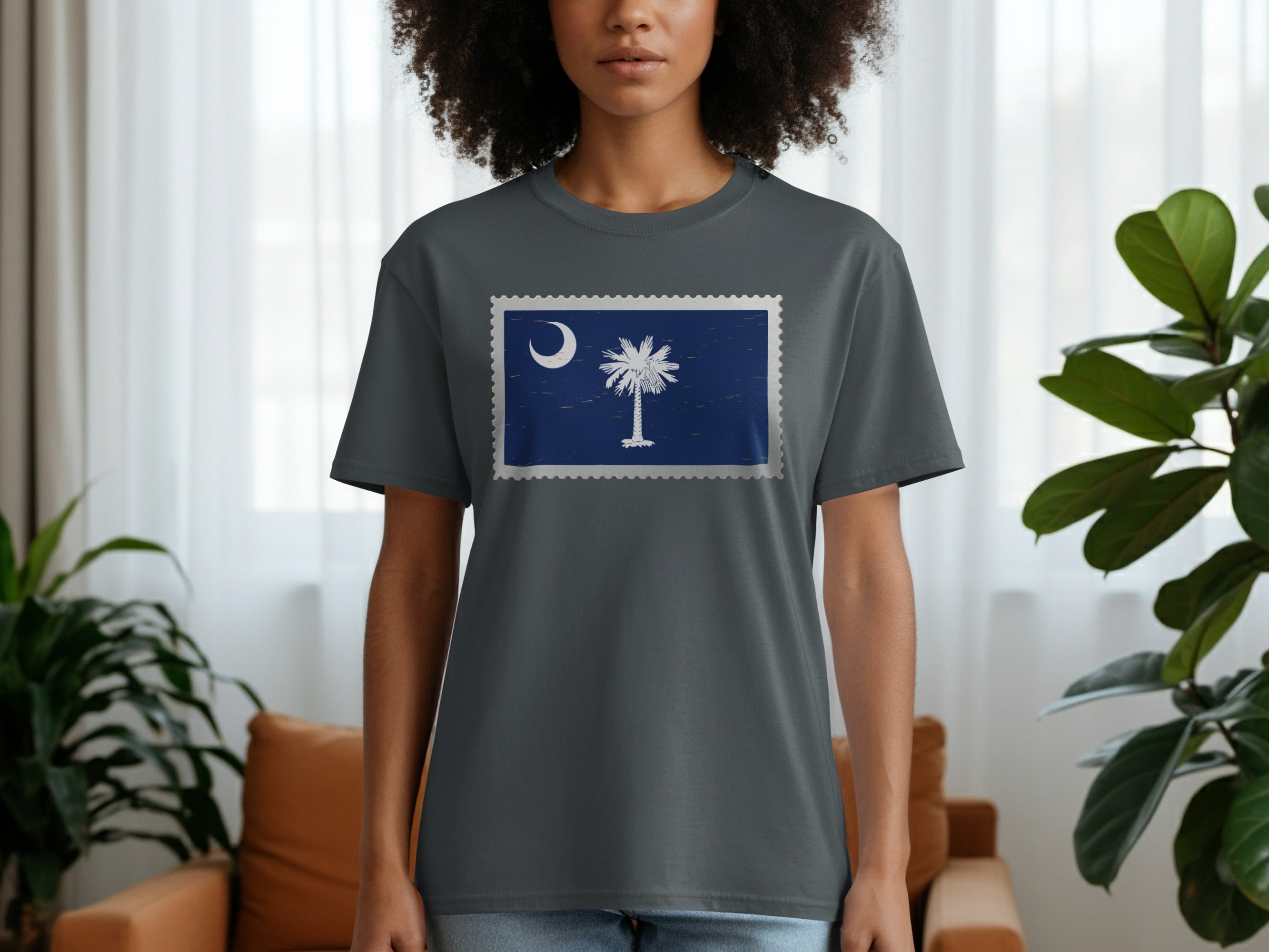 T-shirt with a postage stamp design featuring the South Carolina flag.