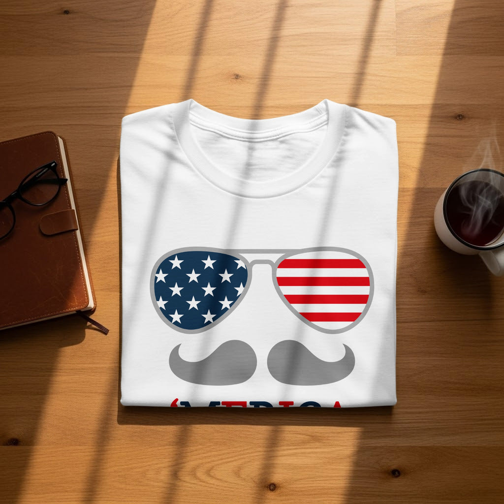 White t-shirt with patriotic sunglasses, mustache, and text "America."