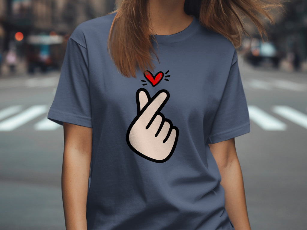 Dark blue t-shirt with a hand forming a heart shape and a red heart above.