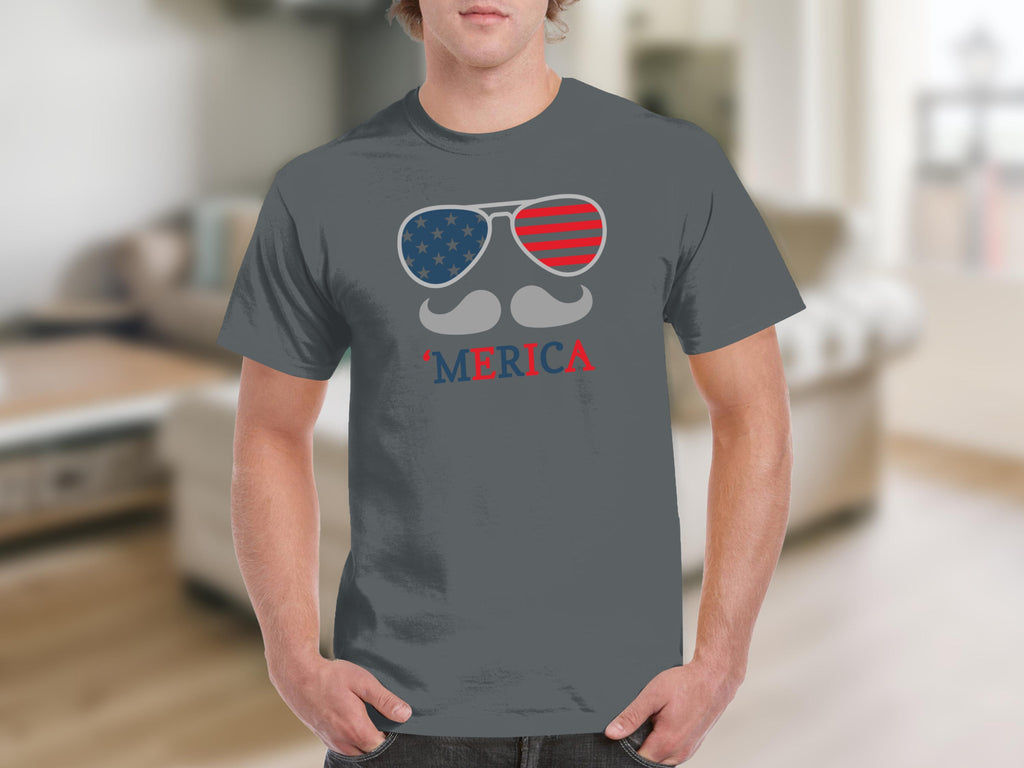 Men's grey t-shirt with sunglasses, mustache, and "America" text.