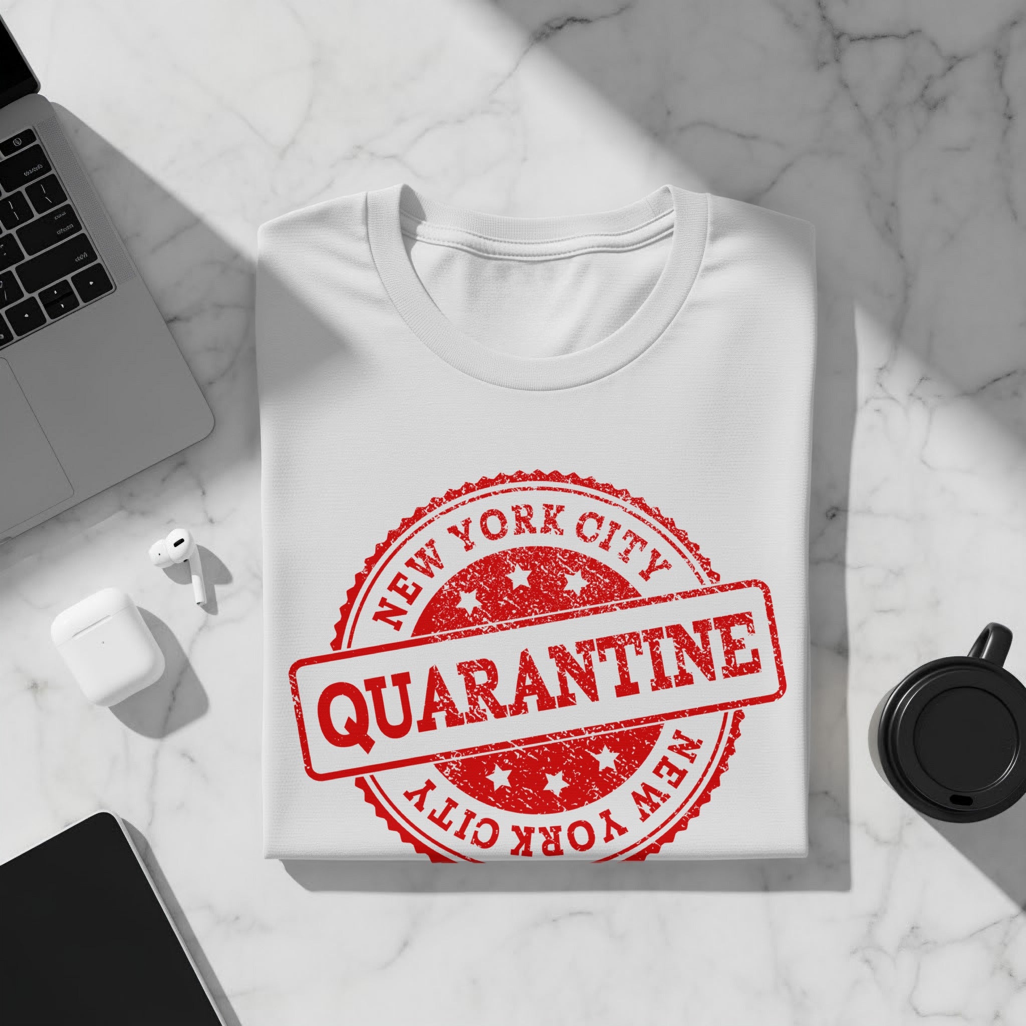 White t-shirt with red "New York City Quarantine" stamp graphic.
