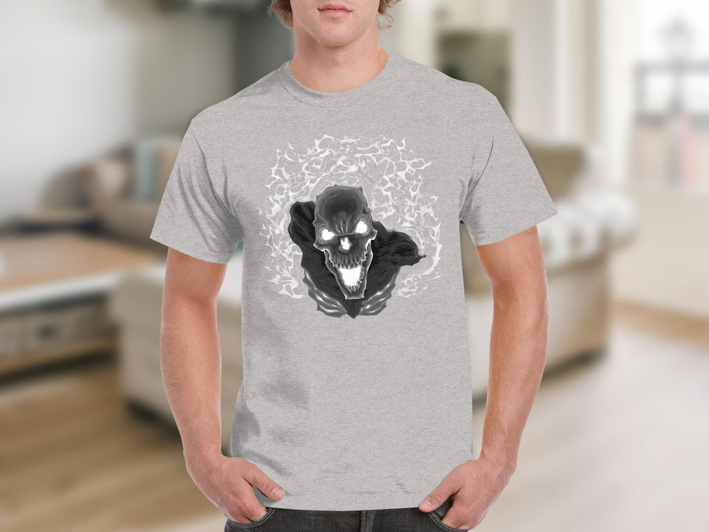 Grey t-shirt with a menacing skull graphic and abstract white smoke design.