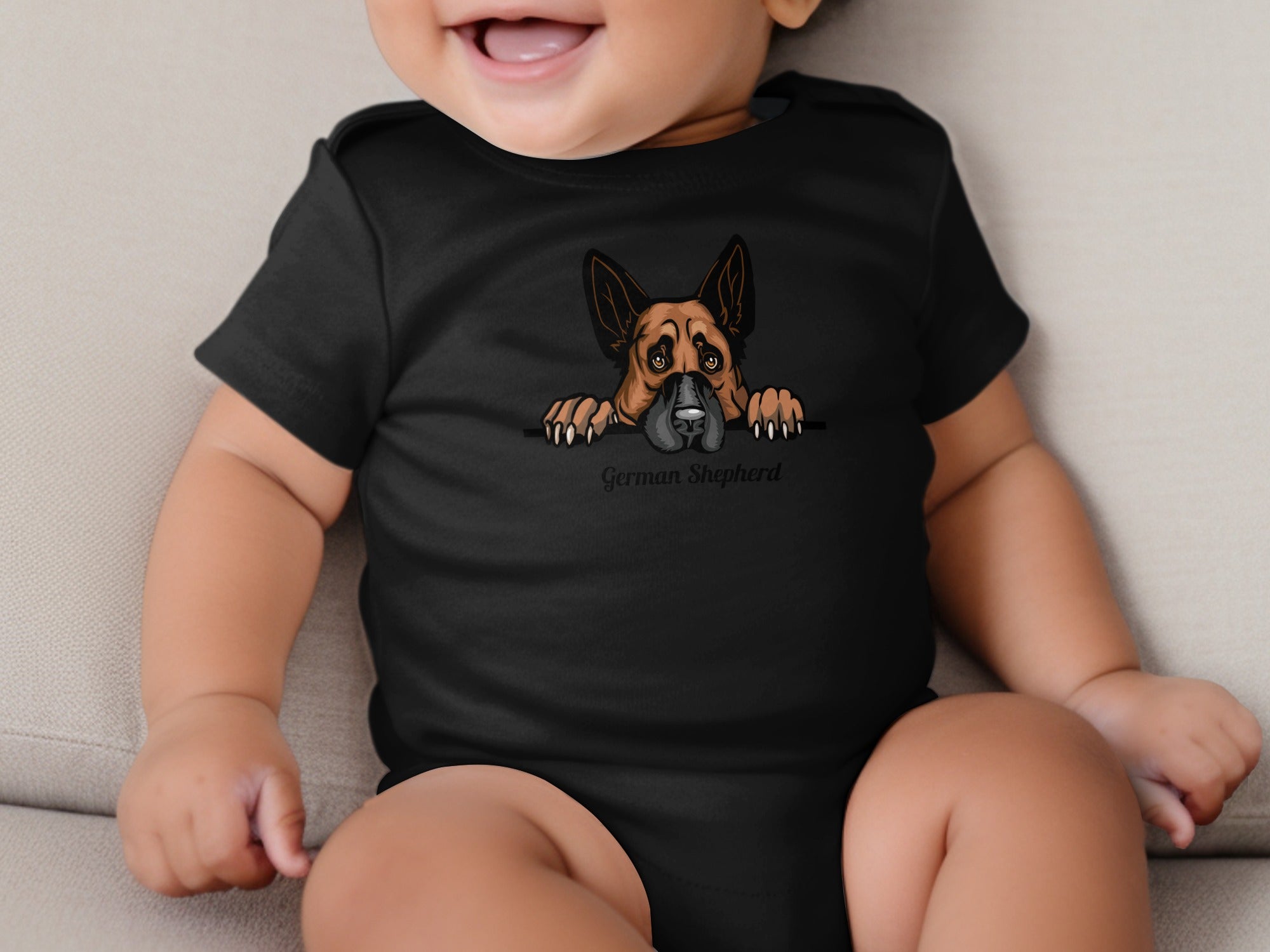 Black baby bodysuit with a peeking German Shepherd dog graphic and text.