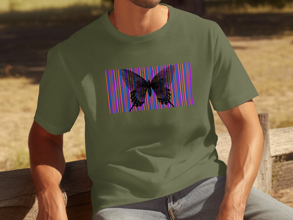 Green t-shirt with a black butterfly design on a striped background.