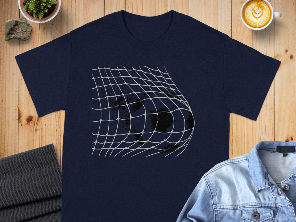 Dark navy t-shirt graphic of a distorted planet within a white grid.