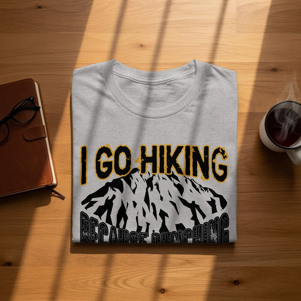 Gray t-shirt with "I Go Hiking Because Munching" text and mountain graphic.