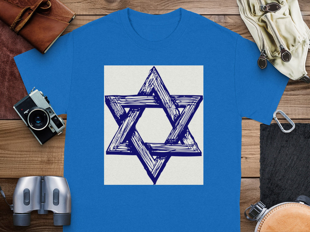 Blue t-shirt with a hand-drawn blue Star of David graphic.