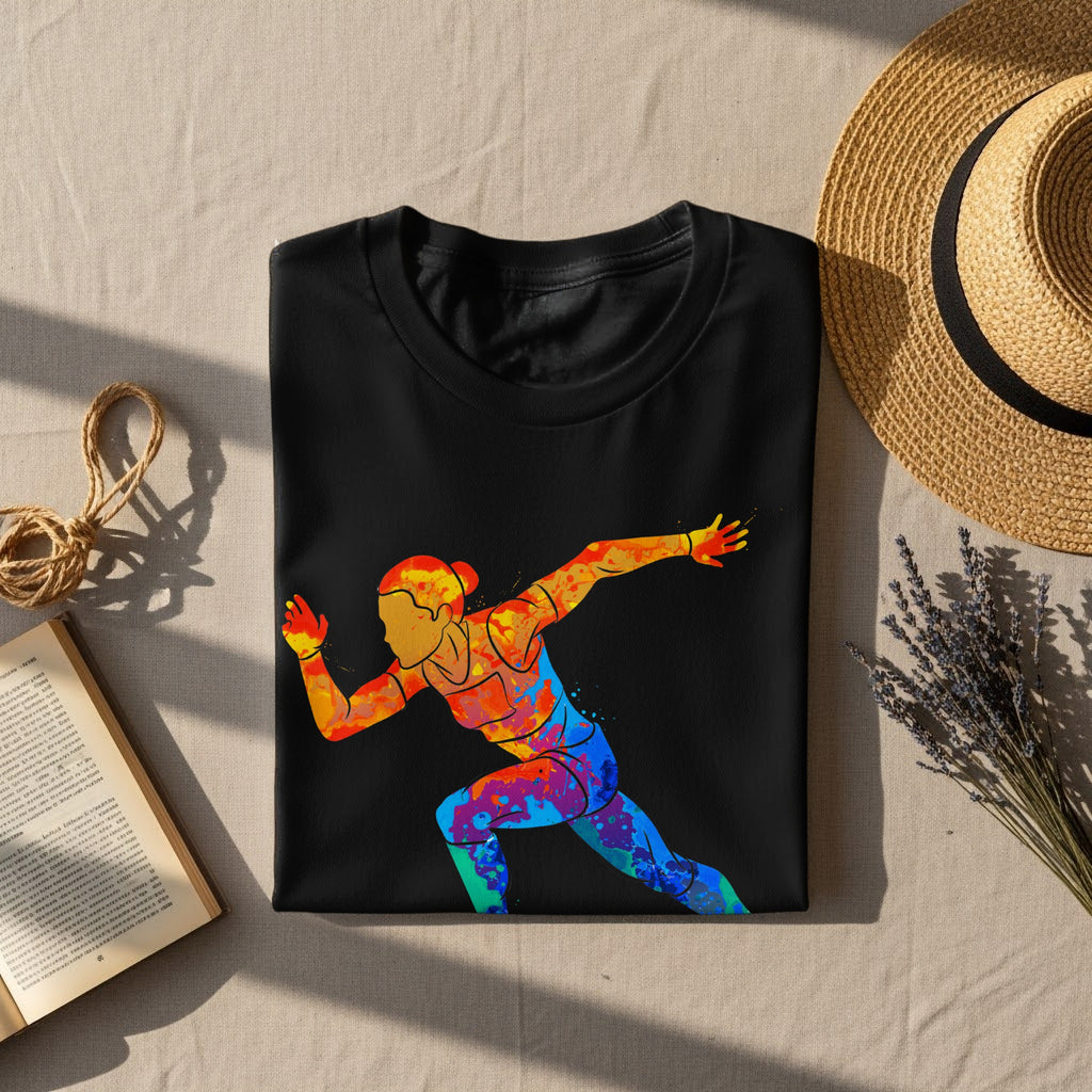 Black t-shirt with a colorful watercolor runner graphic on a textured background.