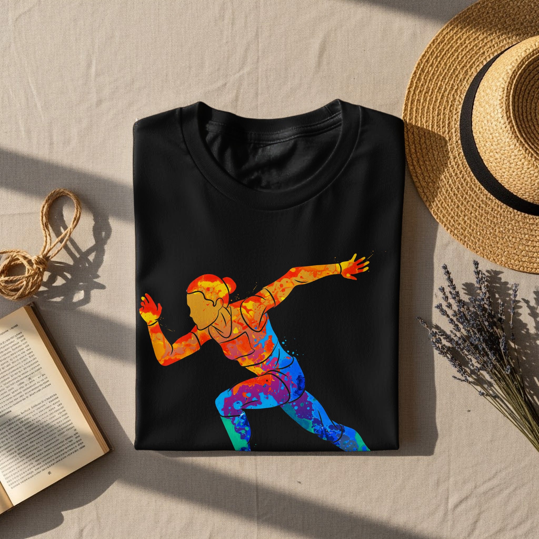 Black t-shirt with a colorful watercolor runner graphic on a textured background.