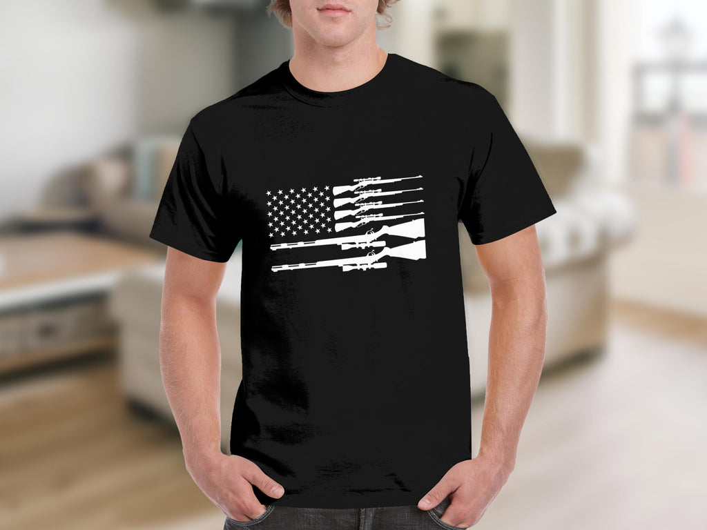 Black t-shirt with a white American flag design featuring rifles.
