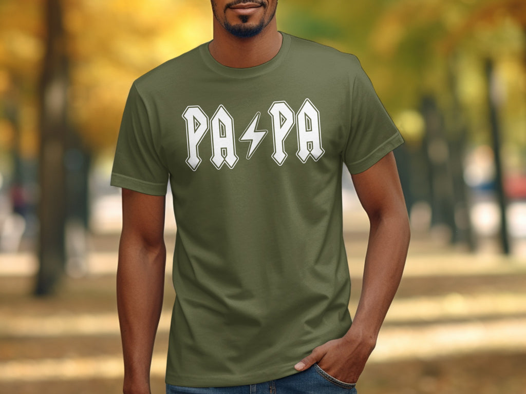 Green t-shirt with white "PAPA" text and lightning bolt design.