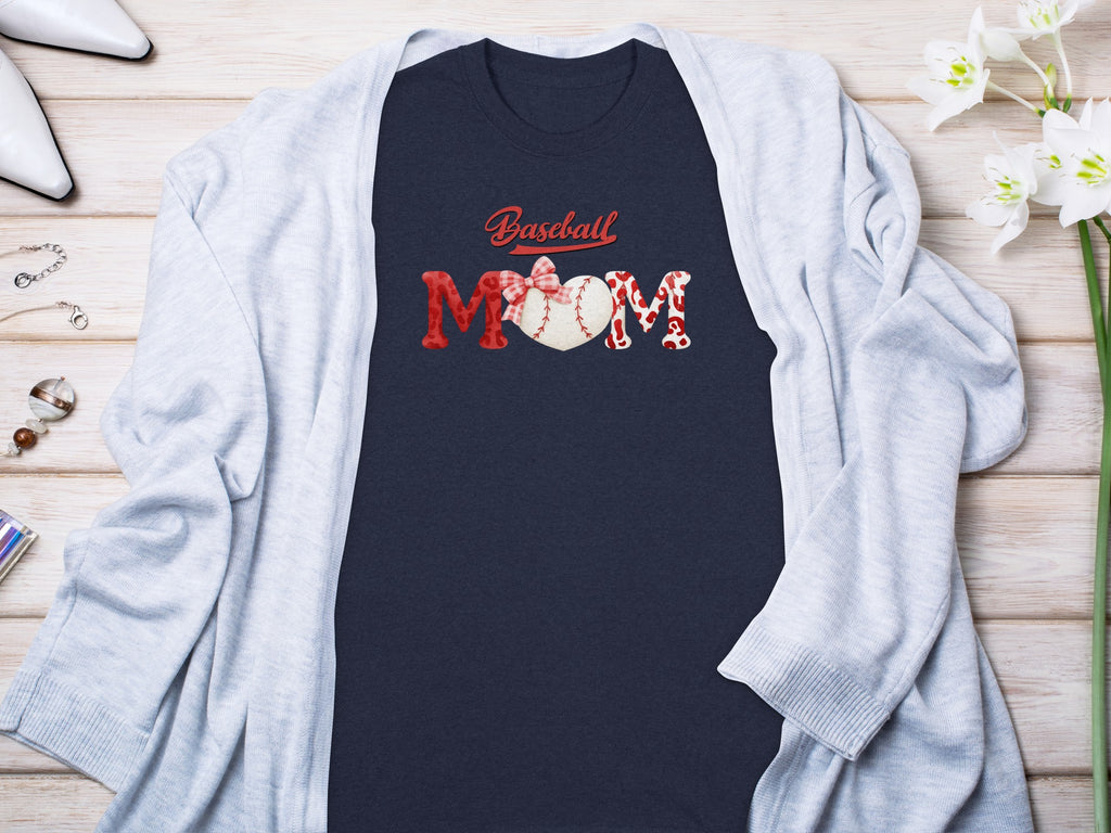 Dark navy t-shirt with "Baseball Mom" text and baseball heart graphic.