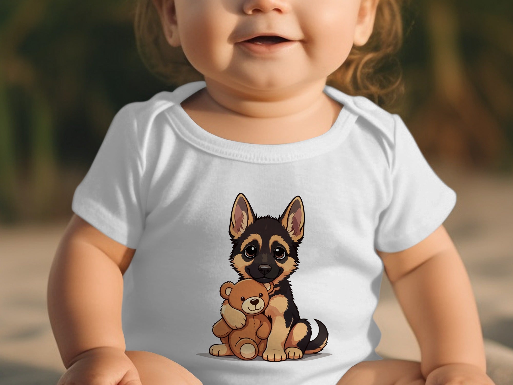 Baby wearing white onesie with cartoon German Shepherd holding a teddy bear.