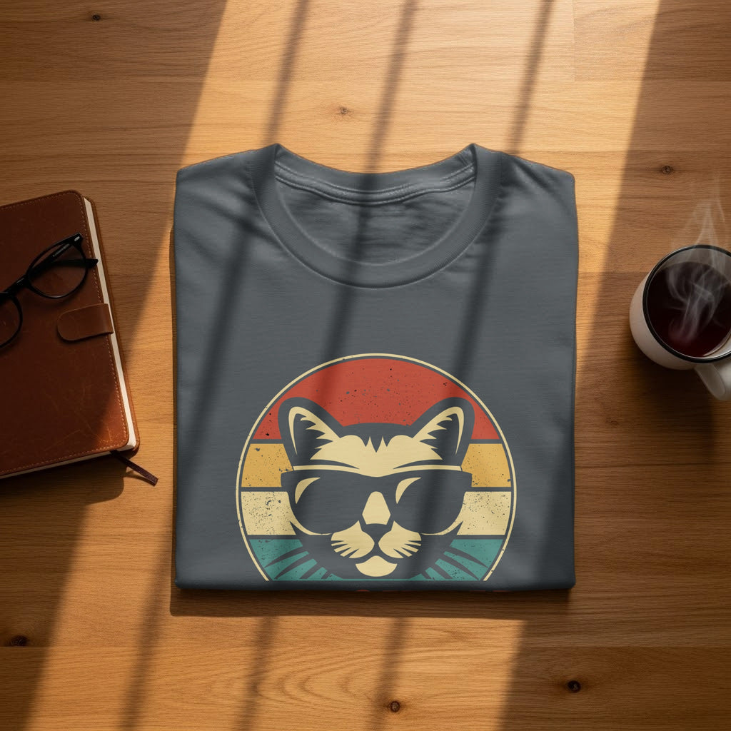 Dark gray t-shirt with a vintage cat wearing sunglasses graphic.