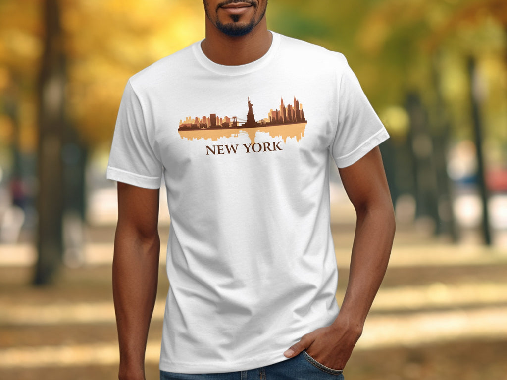 White t-shirt with New York City skyline graphic and text.