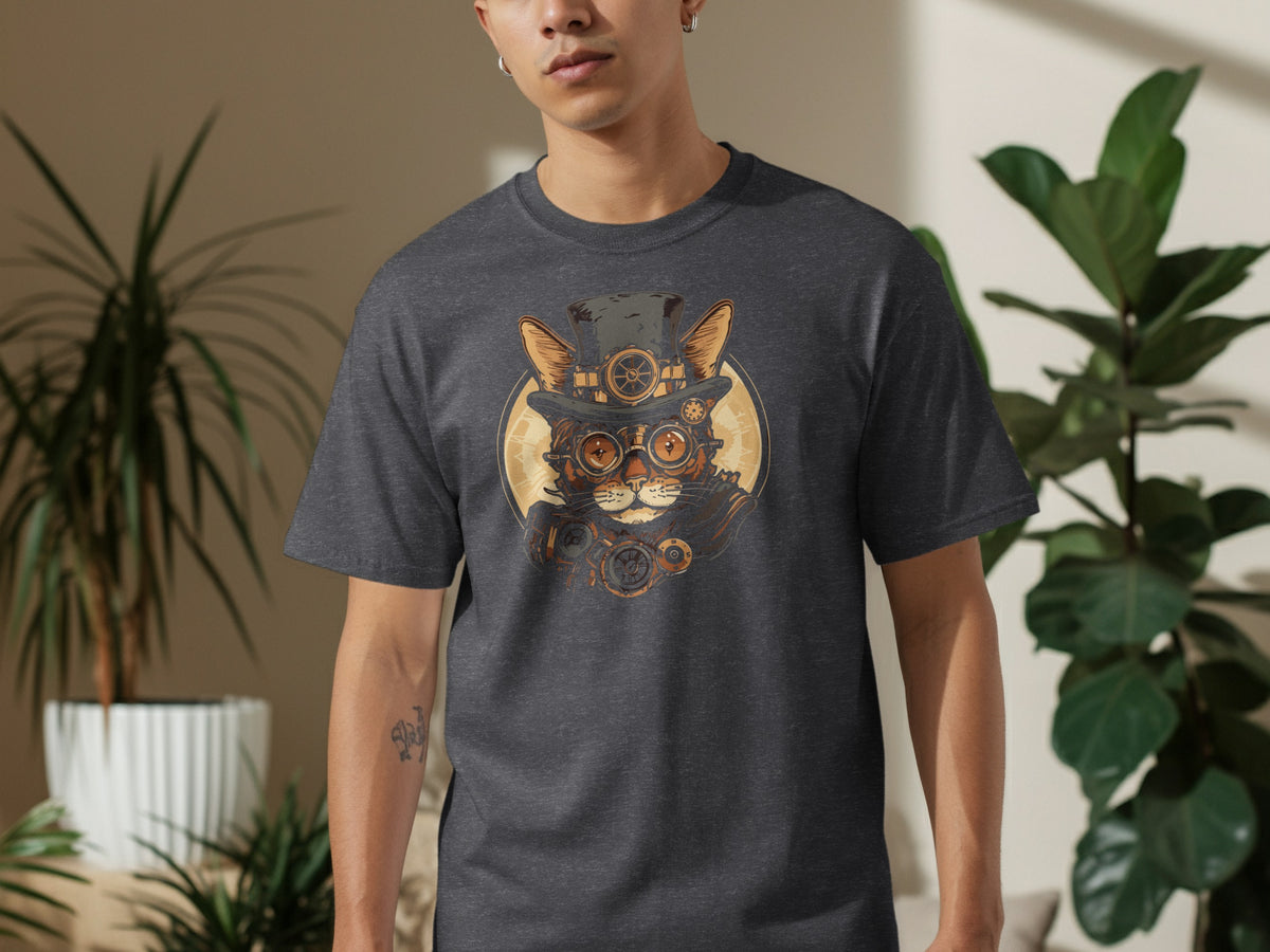 Steampunk cat with goggles and top hat on dark gray t-shirt.