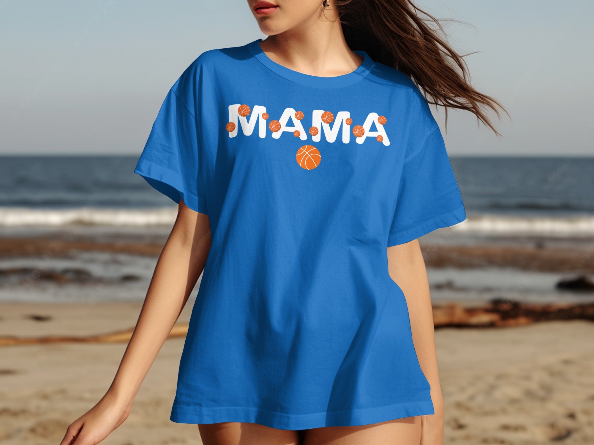 Blue t-shirt with white "MAMA" text surrounded by basketballs.