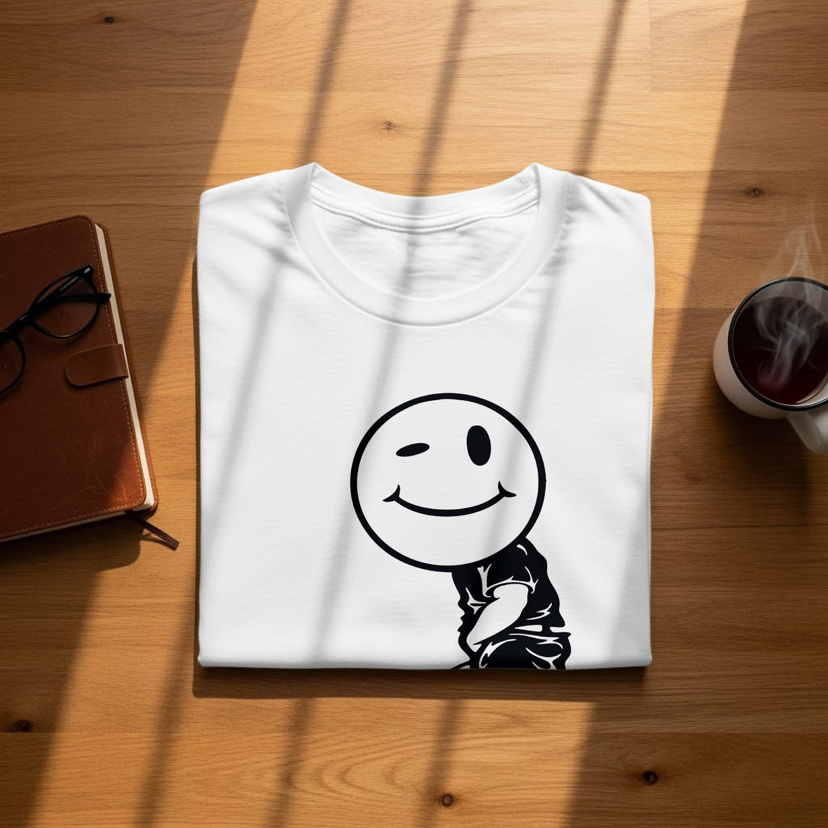 White t-shirt with a black wink smiley face graphic design.