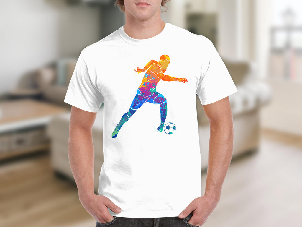 White t-shirt with colorful abstract soccer player dribbling a ball.