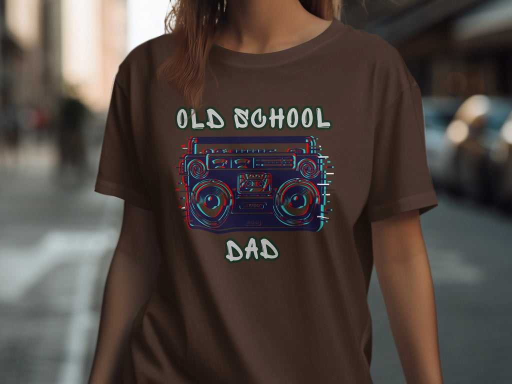 Brown t-shirt with vintage boombox and text "OLD SCHOOL DAD".