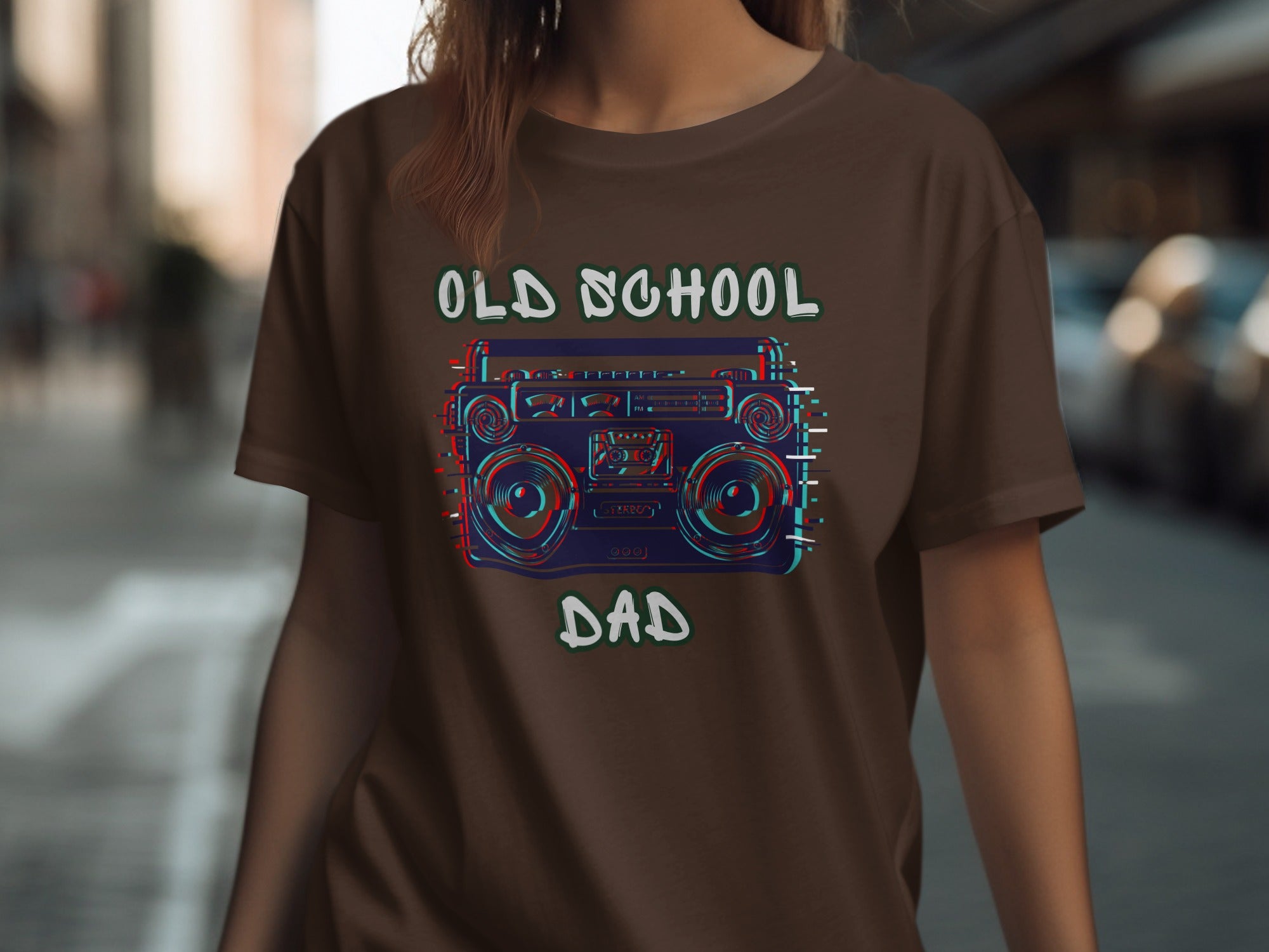 Brown t-shirt with vintage boombox and text "OLD SCHOOL DAD".
