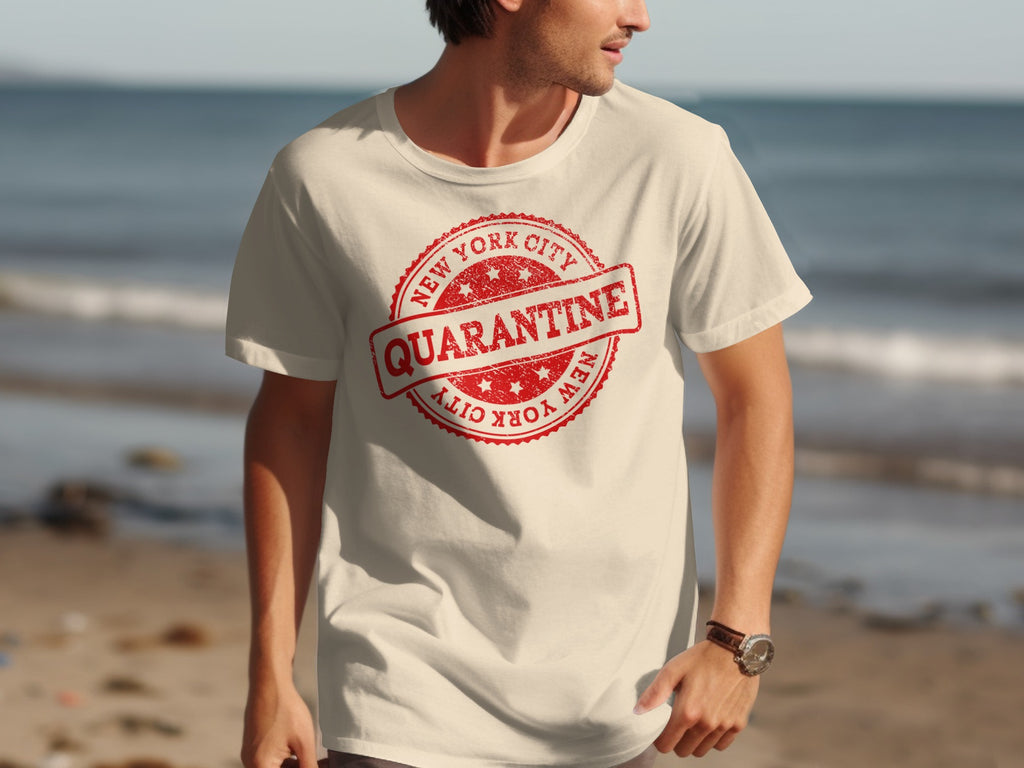 Cream t-shirt with red "New York City Quarantine" stamp graphic.