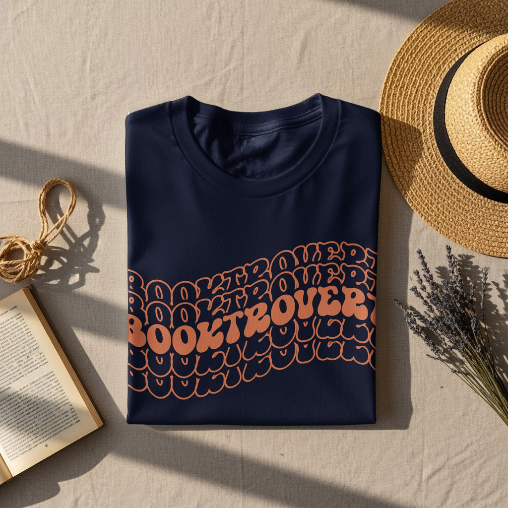 Navy t-shirt with orange "BOOKTROVER" text in a bubbly font.