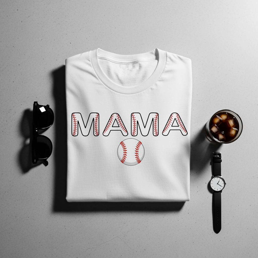 White t-shirt with "MAMA" text and baseball graphic, with sunglasses, drink, and watch.