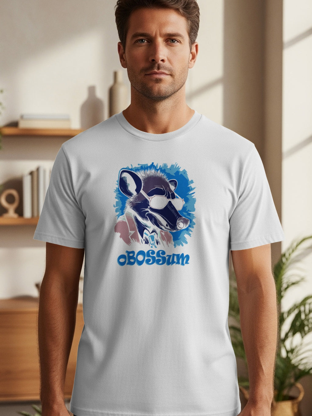 White t-shirt with a graphic of a possum wearing sunglasses and the text "OBOSSUM".