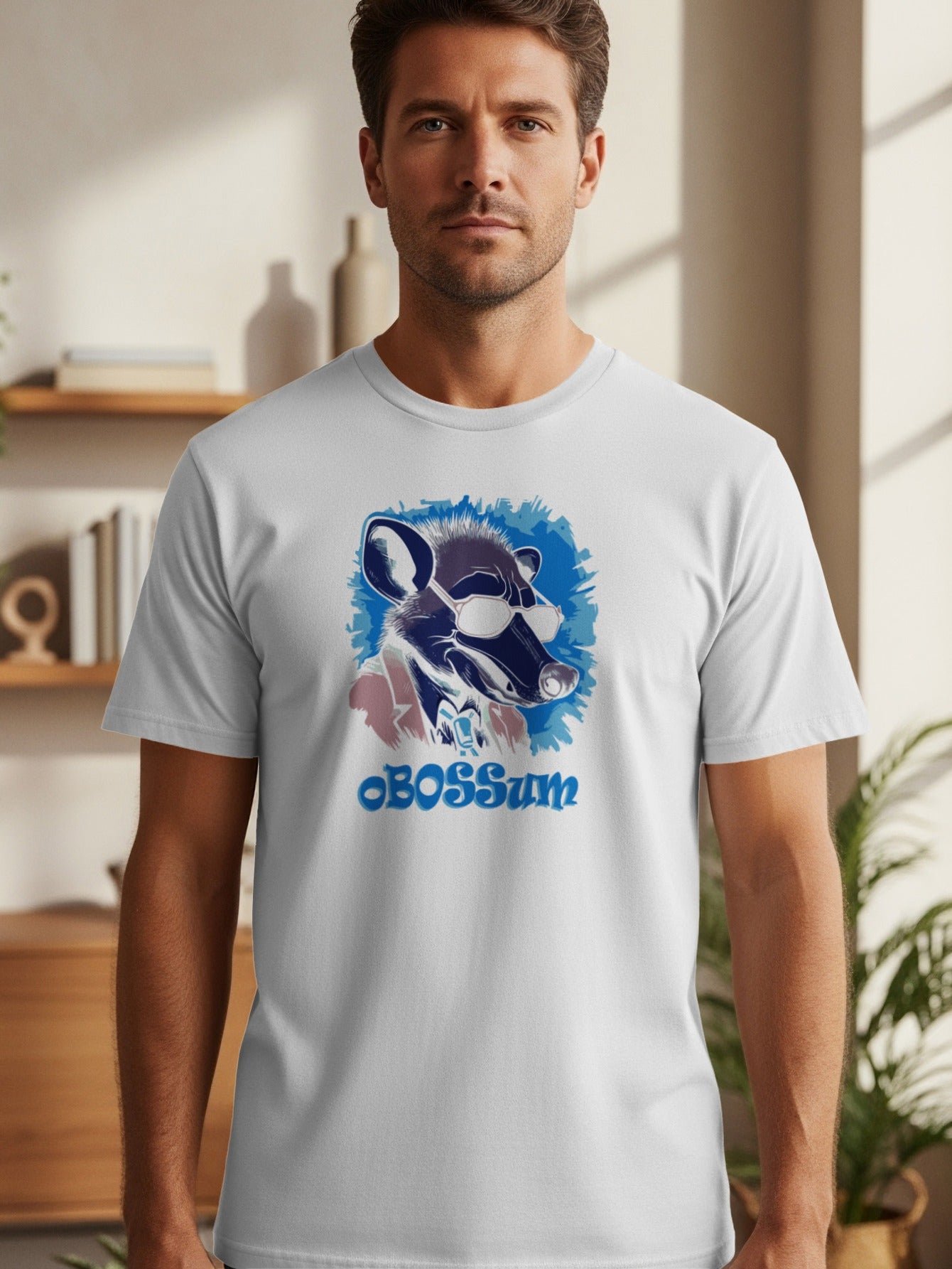White t-shirt with a graphic of a possum wearing sunglasses and the text "OBOSSUM".