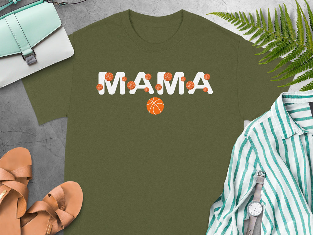 Olive green t-shirt with white "MAMA" text and basketball graphics.