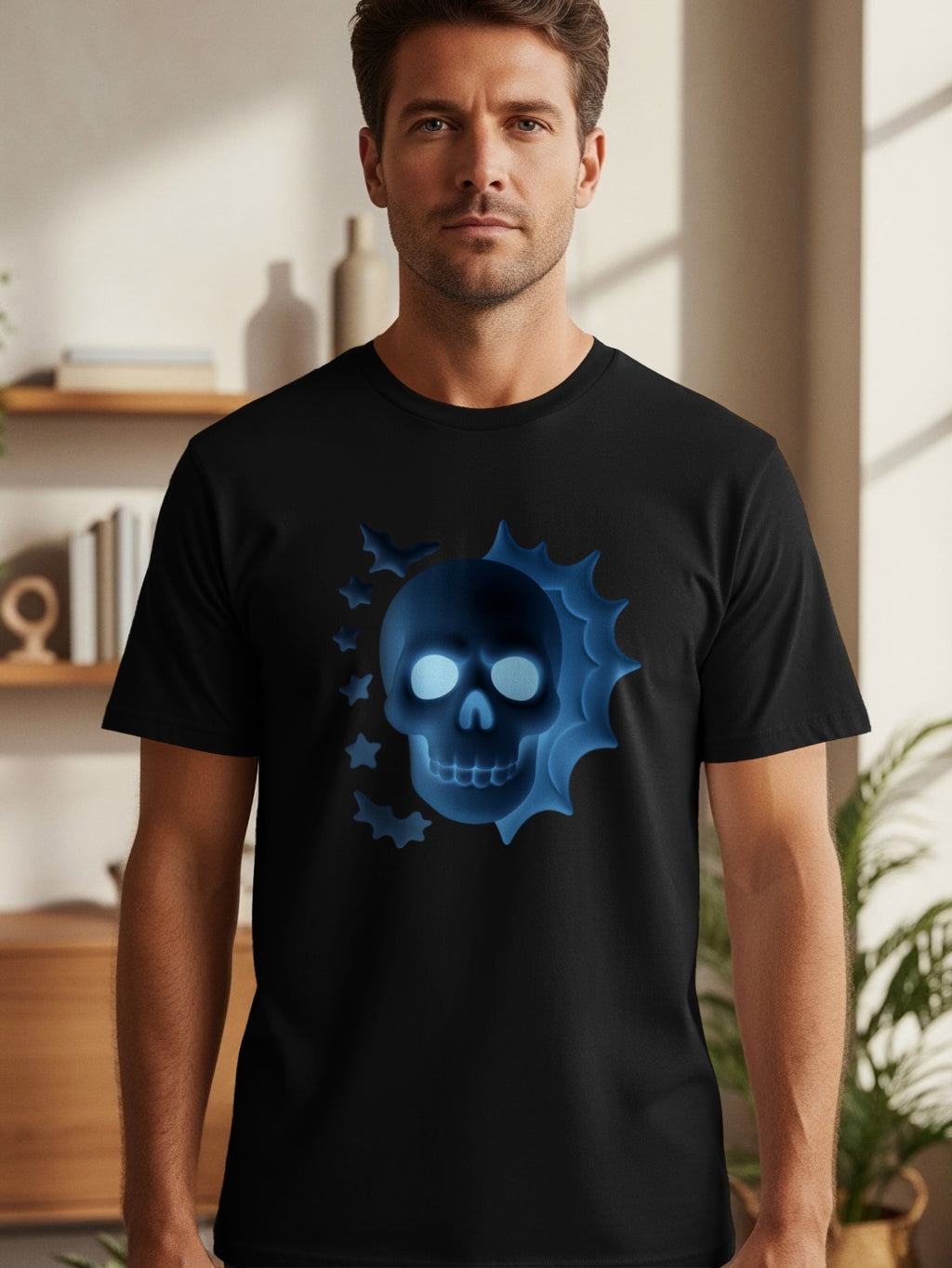 Black t-shirt with a glowing blue skull and bats design.
