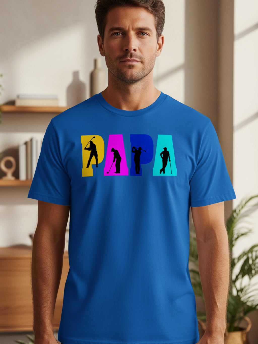 Blue t-shirt with "PAPA" text and four golfer silhouettes in yellow, pink, blue, and teal blocks.