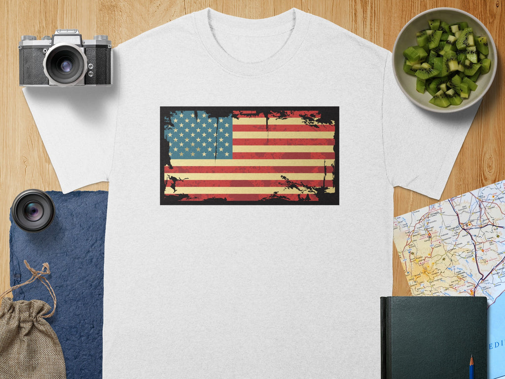 White t-shirt with distressed American flag graphic.