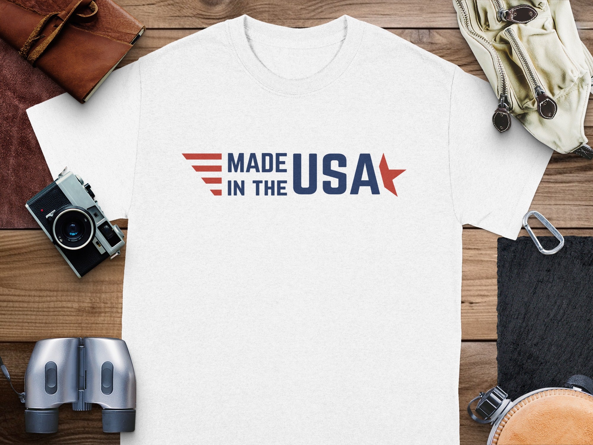 White t-shirt with "Made in the USA" text and red star emblem.