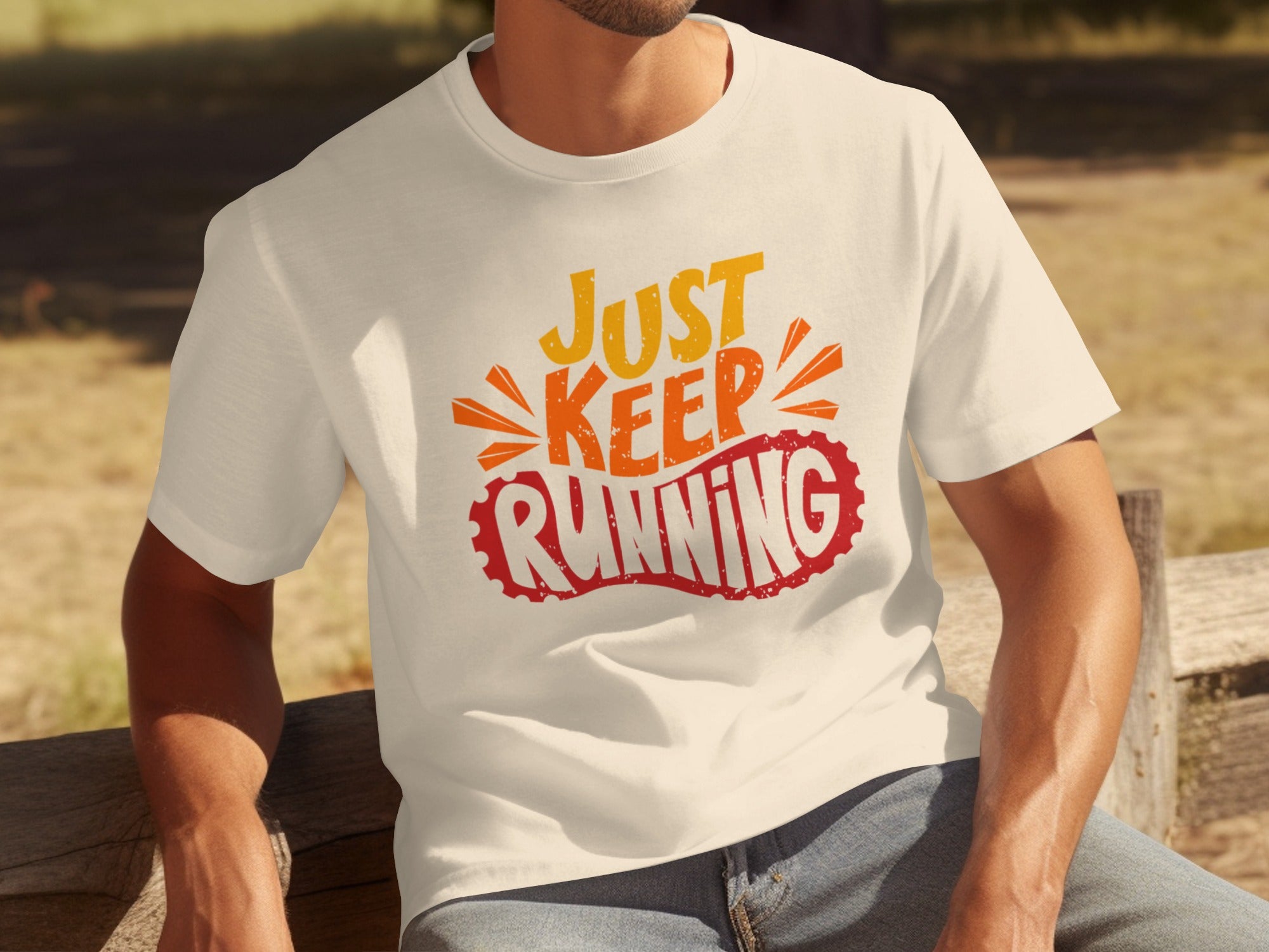 White t-shirt with "JUST KEEP RUNNING" graphic in orange and red.