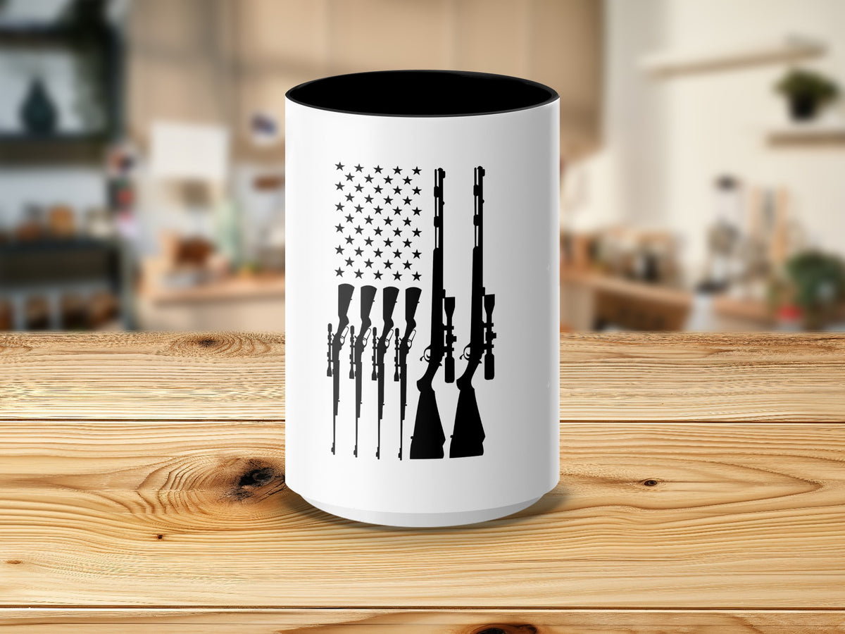 White mug with black rifles forming an American flag design.