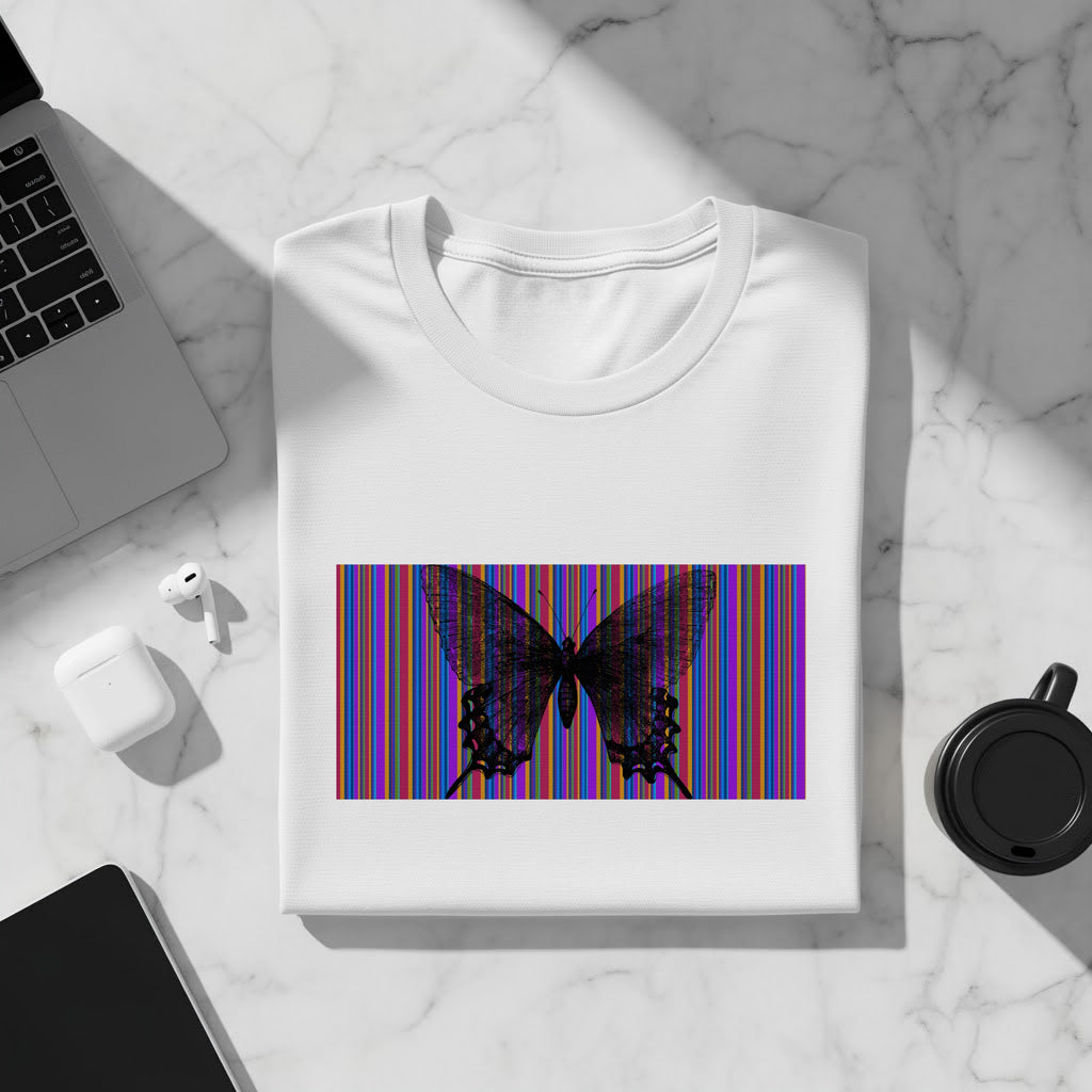 White t-shirt with black butterfly graphic on striped background.