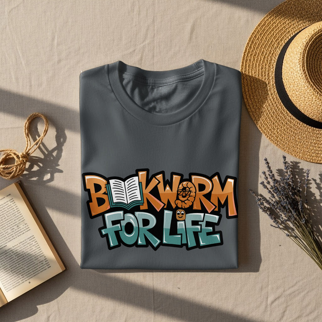 Gray t-shirt with "Bookworm For Life" text and cartoon worm illustration.