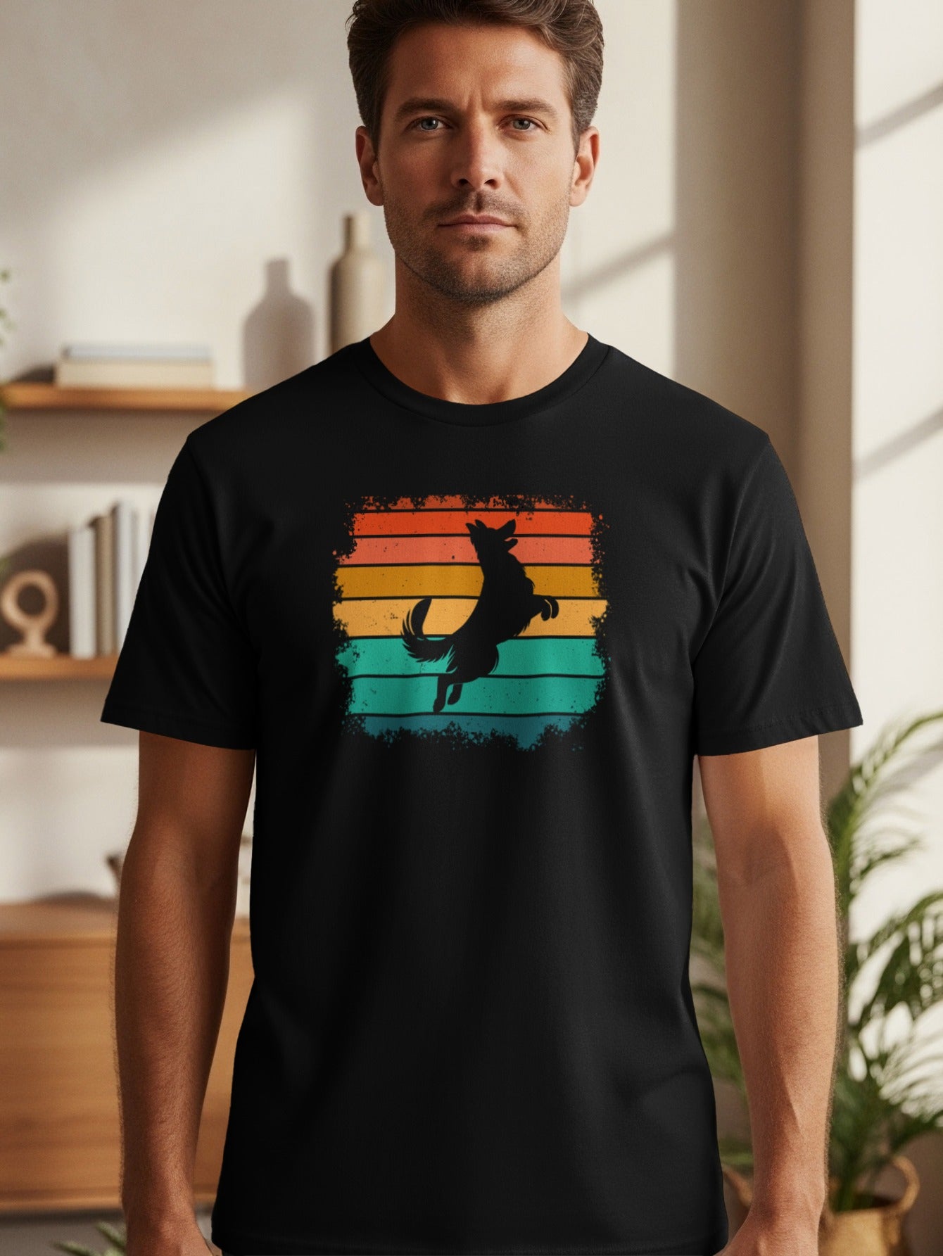 Black t-shirt with a jumping dog silhouette on a distressed retro color stripe background.