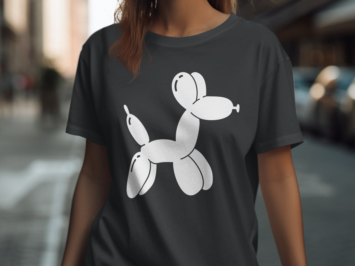 Dark gray t-shirt with a white balloon dog graphic on the front.