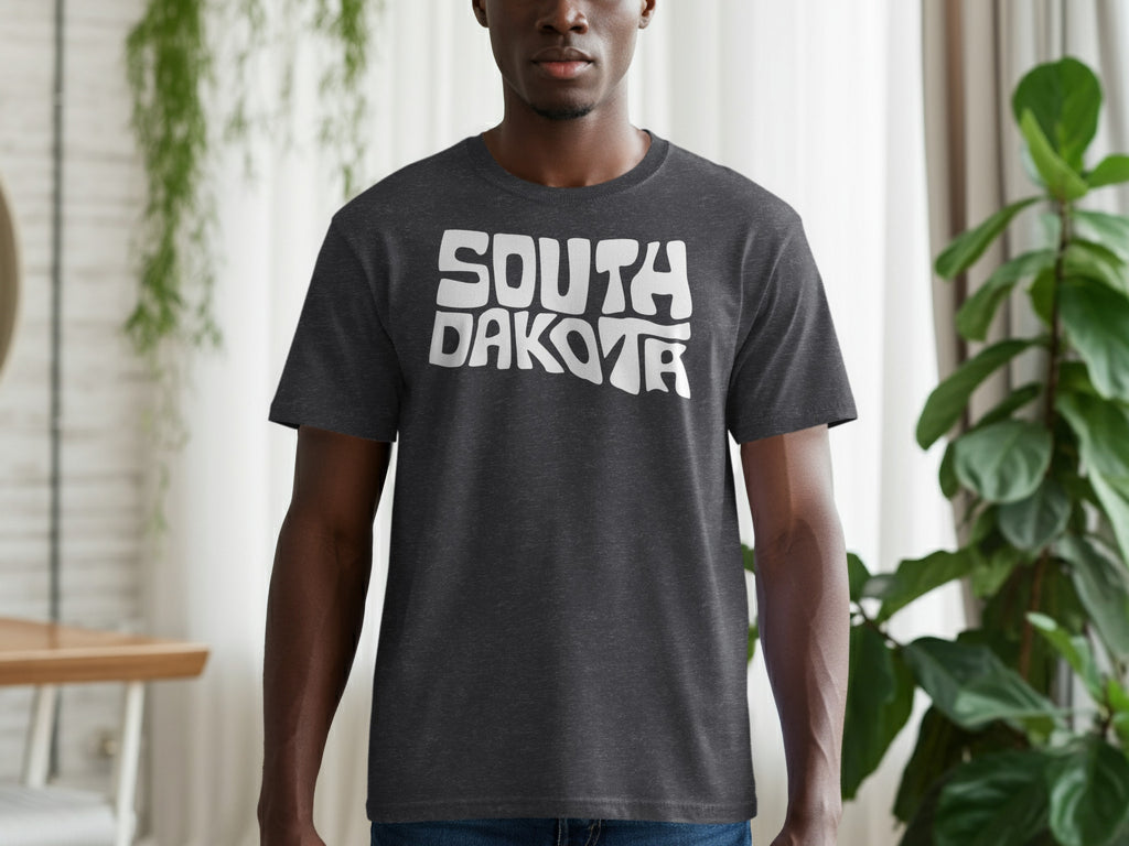 Dark gray t-shirt with white "SOUTH DAKOTA" text on the chest.