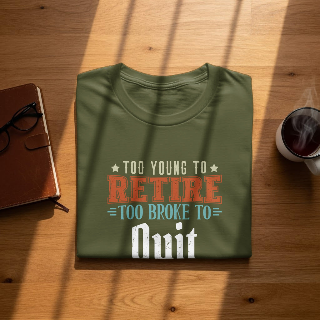 Olive green t-shirt with "Too Young To Retire = Too Broke To Quit" text.