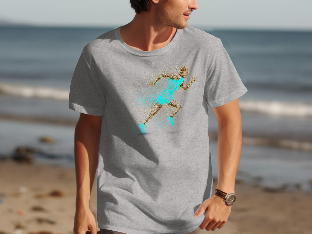 Grey t-shirt with a running figure design made of sand and turquoise.