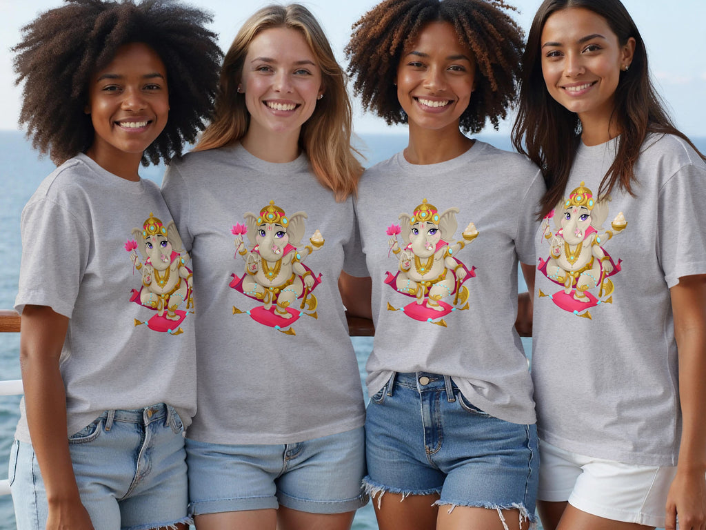 Four women wear grey t-shirts featuring a cartoon Ganesha graphic.